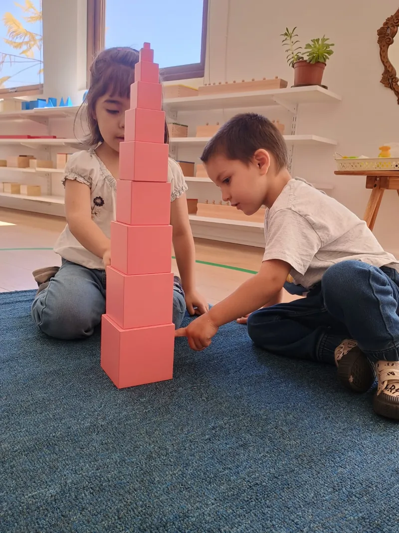 Dos niños construyen juntos con la Torre Rosa Montessori en Aurora.